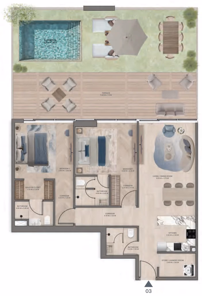 תוכנית 2 חדרי שינה · Type B1 ב־נדל"ן להשקעה Meriden Beach Residences, באזור Dubai Islands, דובאי