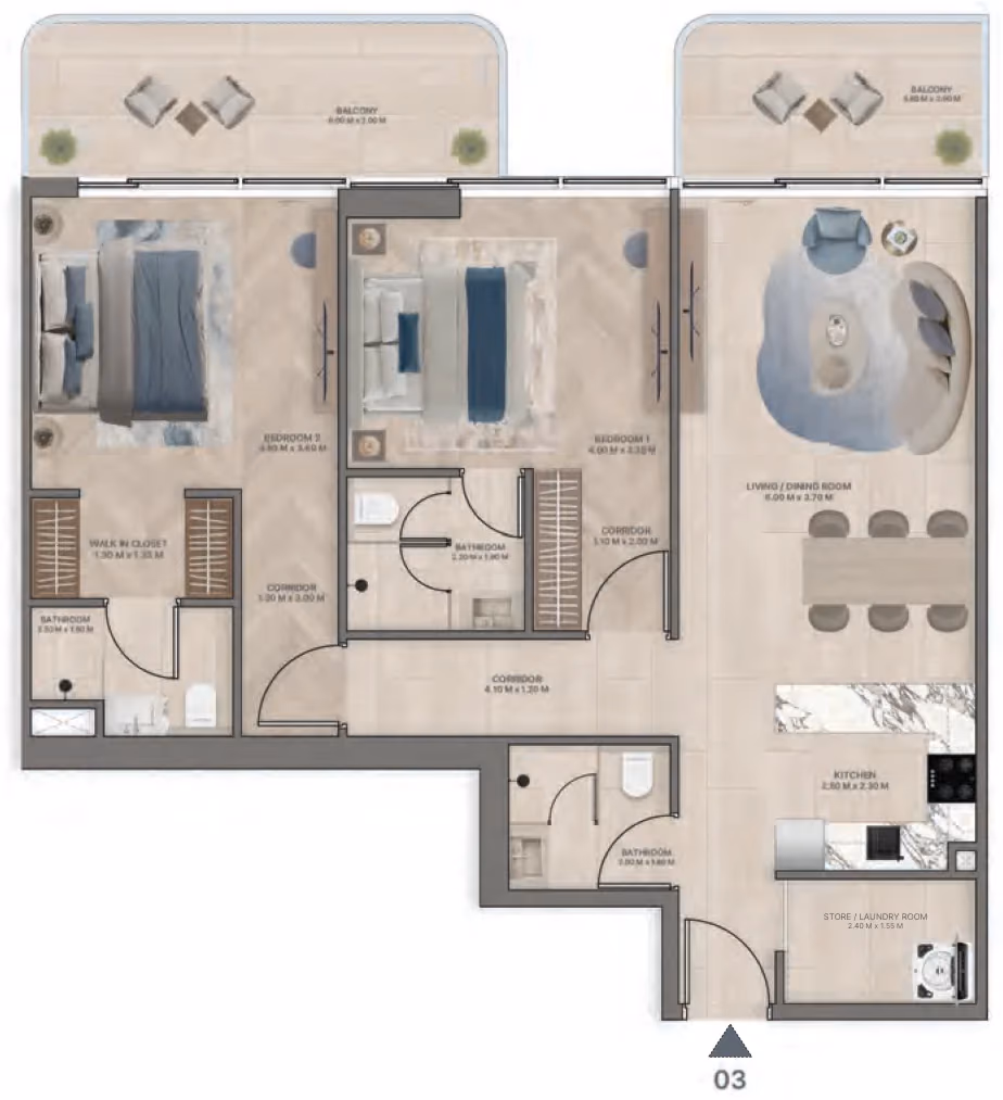 תוכנית 2 חדרי שינה · Type B2 ב־נדל"ן להשקעה Meriden Beach Residences, באזור Dubai Islands, דובאי