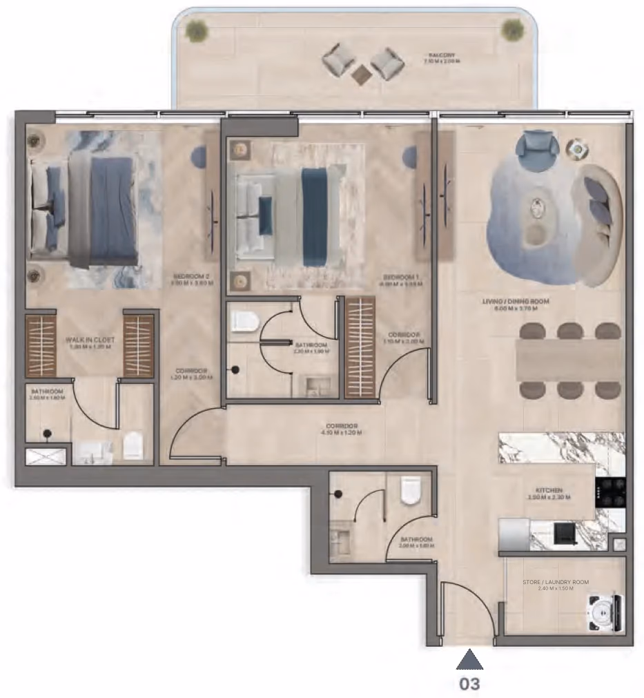 תוכנית 2 חדרי שינה · Type B3 ב־נדל"ן להשקעה Meriden Beach Residences, באזור Dubai Islands, דובאי
