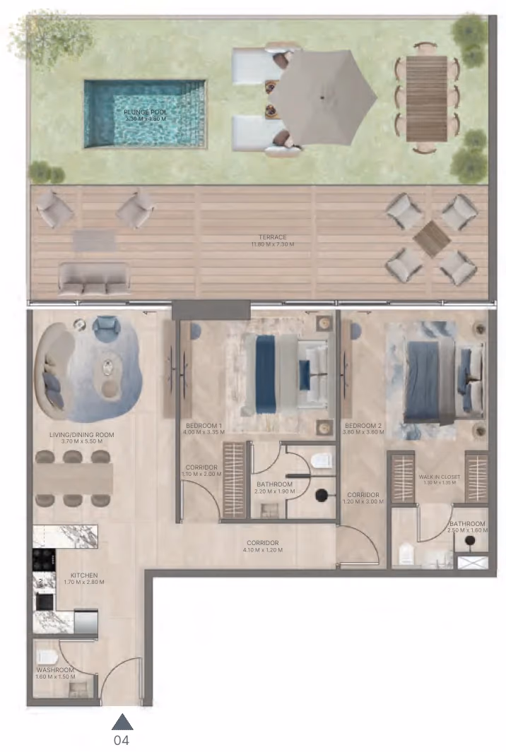 תוכנית 2 חדרי שינה · Type C1 ב־נדל"ן להשקעה Meriden Beach Residences, באזור Dubai Islands, דובאי