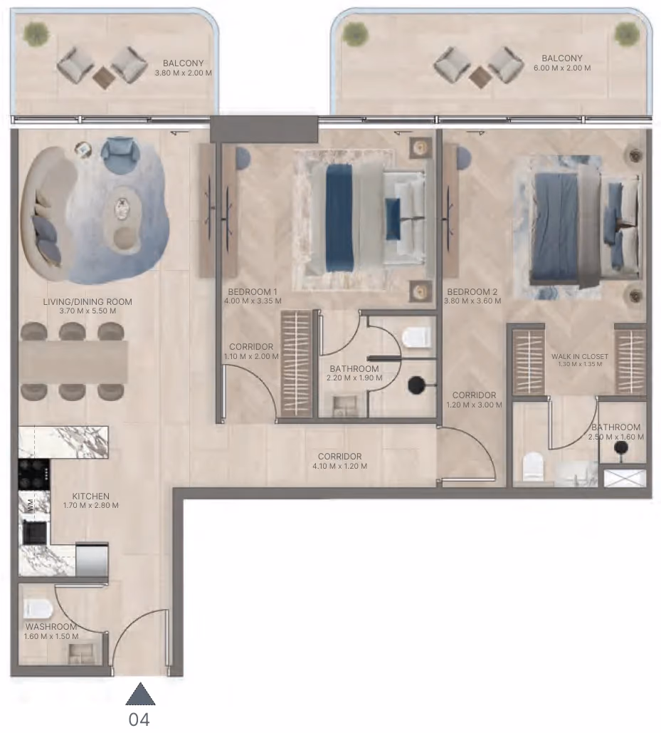 תוכנית 2 חדרי שינה · Type C2 ב־נדל"ן להשקעה Meriden Beach Residences, באזור Dubai Islands, דובאי
