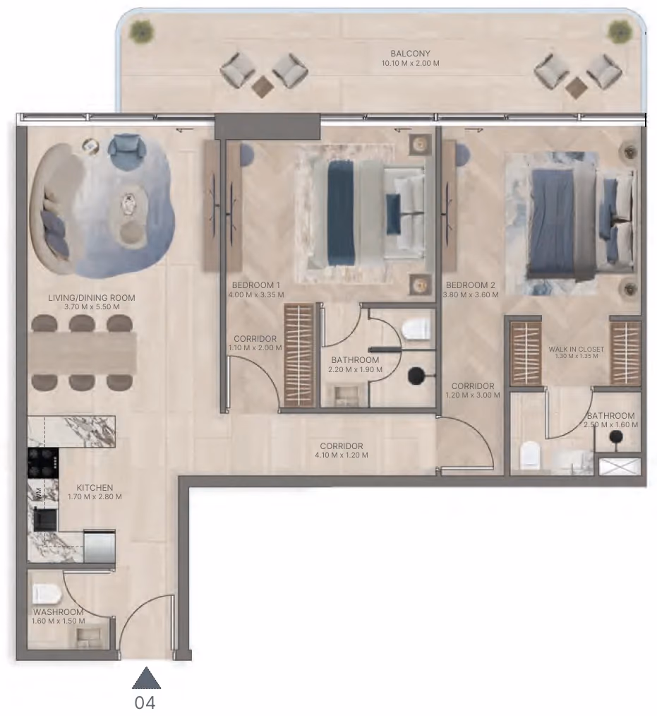 תוכנית 2 חדרי שינה · Type C3 ב־נדל"ן להשקעה Meriden Beach Residences, באזור Dubai Islands, דובאי