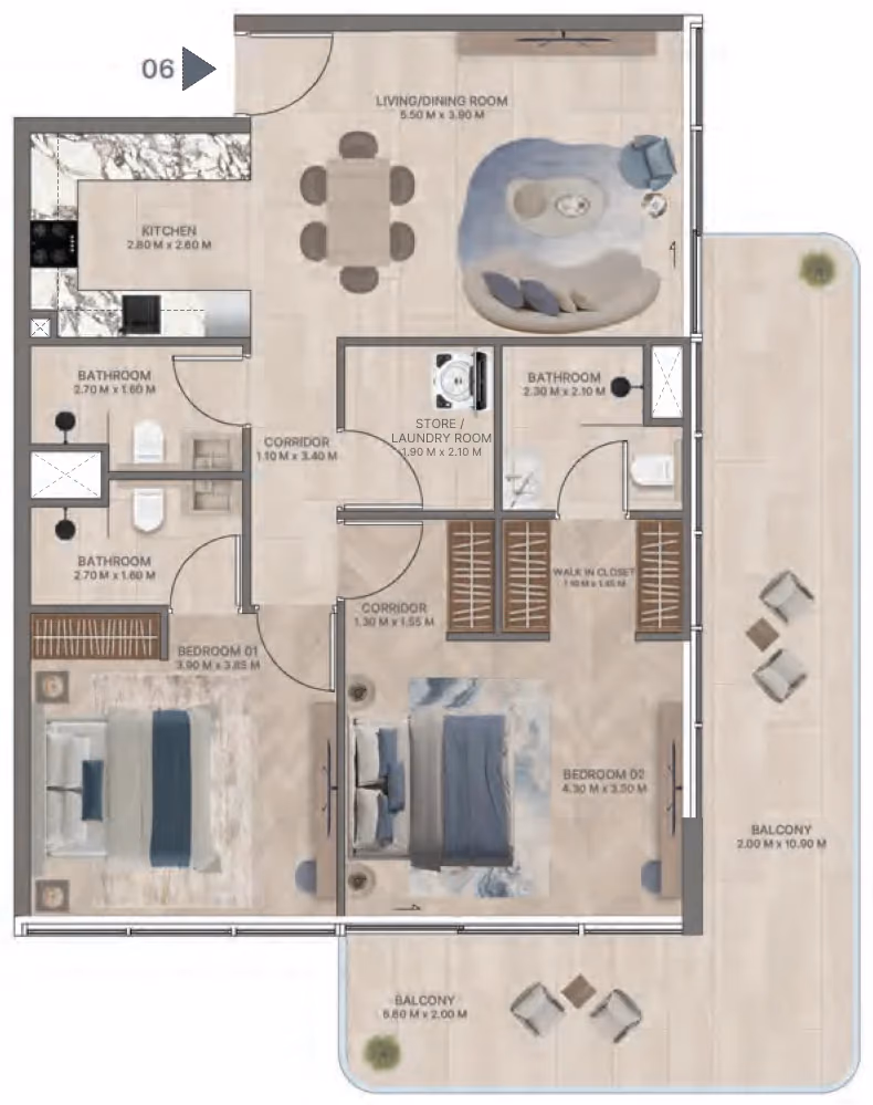 תוכנית 2 חדרי שינה · Type D1 ב־נדל"ן להשקעה Meriden Beach Residences, באזור Dubai Islands, דובאי