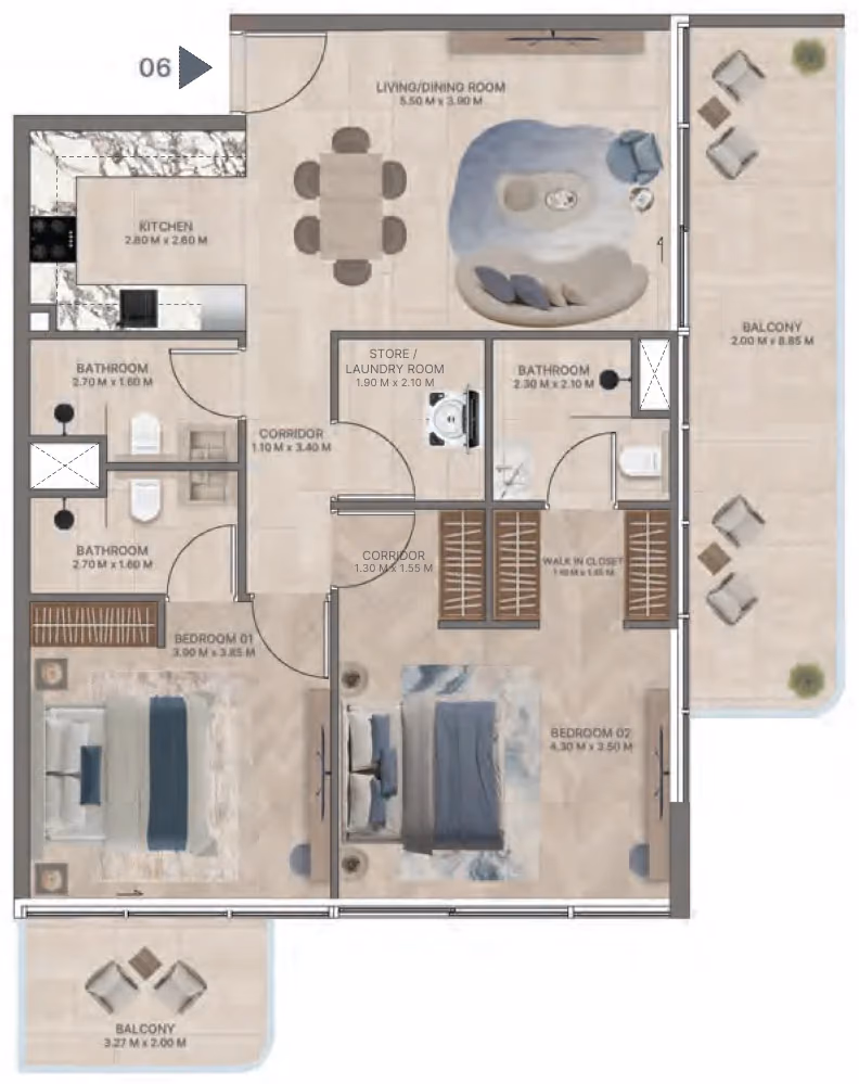 תוכנית 2 חדרי שינה · Type E1 ב־נדל"ן להשקעה Meriden Beach Residences, באזור Dubai Islands, דובאי