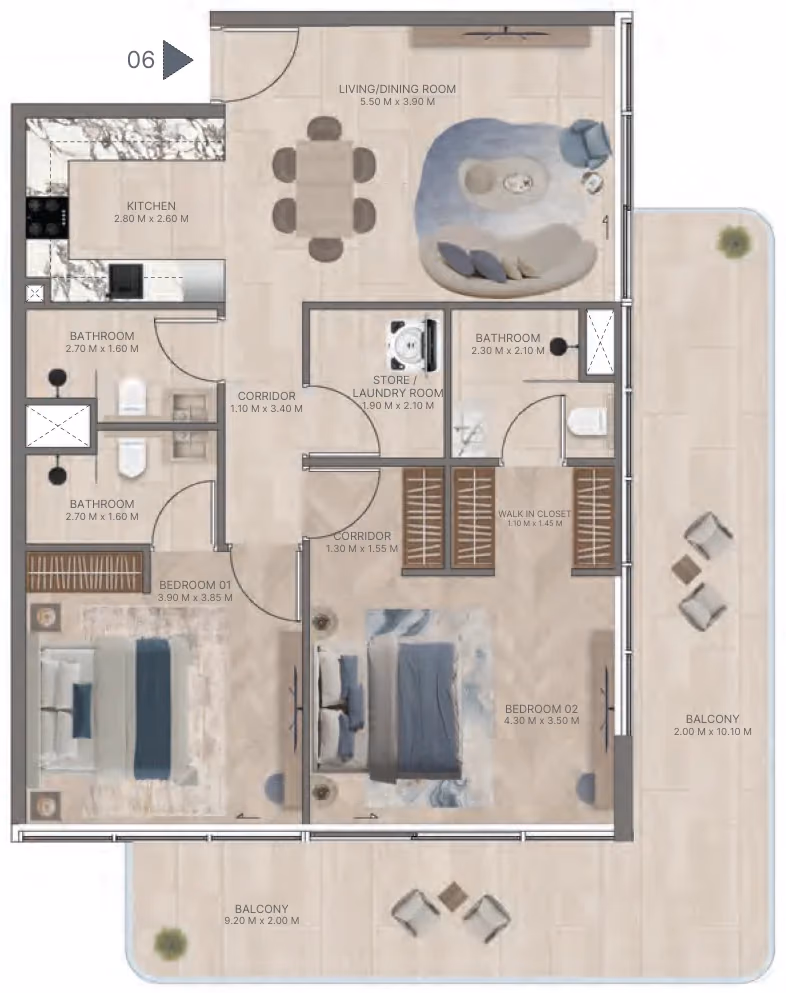 תוכנית 2 חדרי שינה · Type E2 ב־נדל"ן להשקעה Meriden Beach Residences, באזור Dubai Islands, דובאי