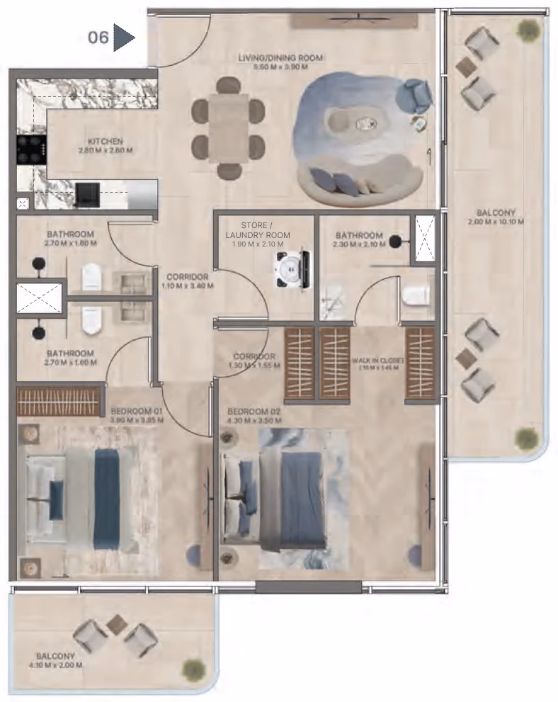 תוכנית 2 חדרי שינה · Type E3 ב־נדל"ן להשקעה Meriden Beach Residences, באזור Dubai Islands, דובאי