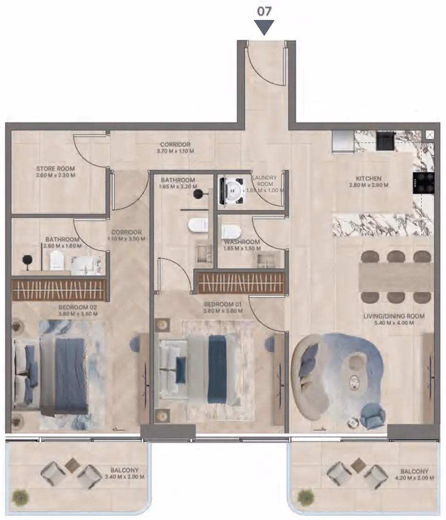 תוכנית 2 חדרי שינה · Type F1 ב־נדל"ן להשקעה Meriden Beach Residences, באזור Dubai Islands, דובאי