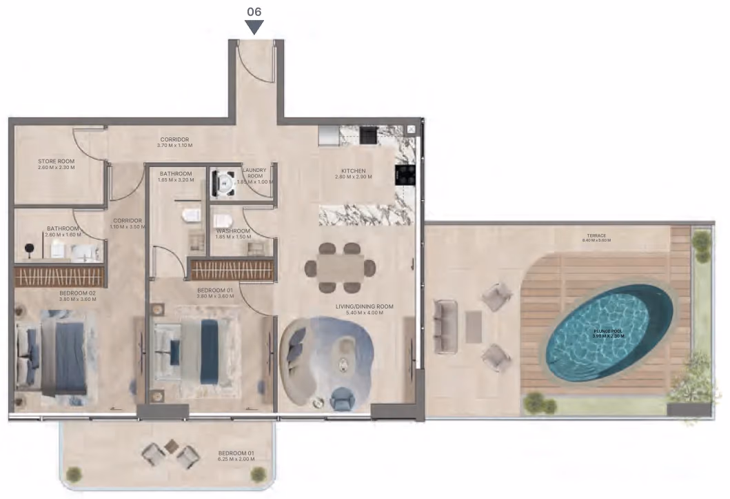 תוכנית 2 חדרי שינה · Type F2 ב־נדל"ן להשקעה Meriden Beach Residences, באזור Dubai Islands, דובאי