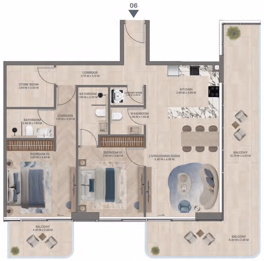 תוכנית 2 חדרי שינה · Type F3 ב־נדל"ן להשקעה Meriden Beach Residences, באזור Dubai Islands, דובאי