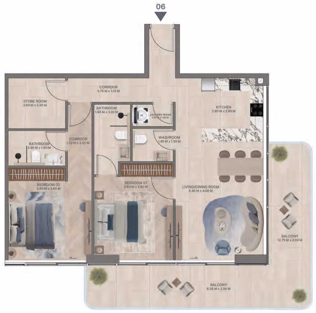 תוכנית 2 חדרי שינה · Type F4 ב־נדל"ן להשקעה Meriden Beach Residences, באזור Dubai Islands, דובאי