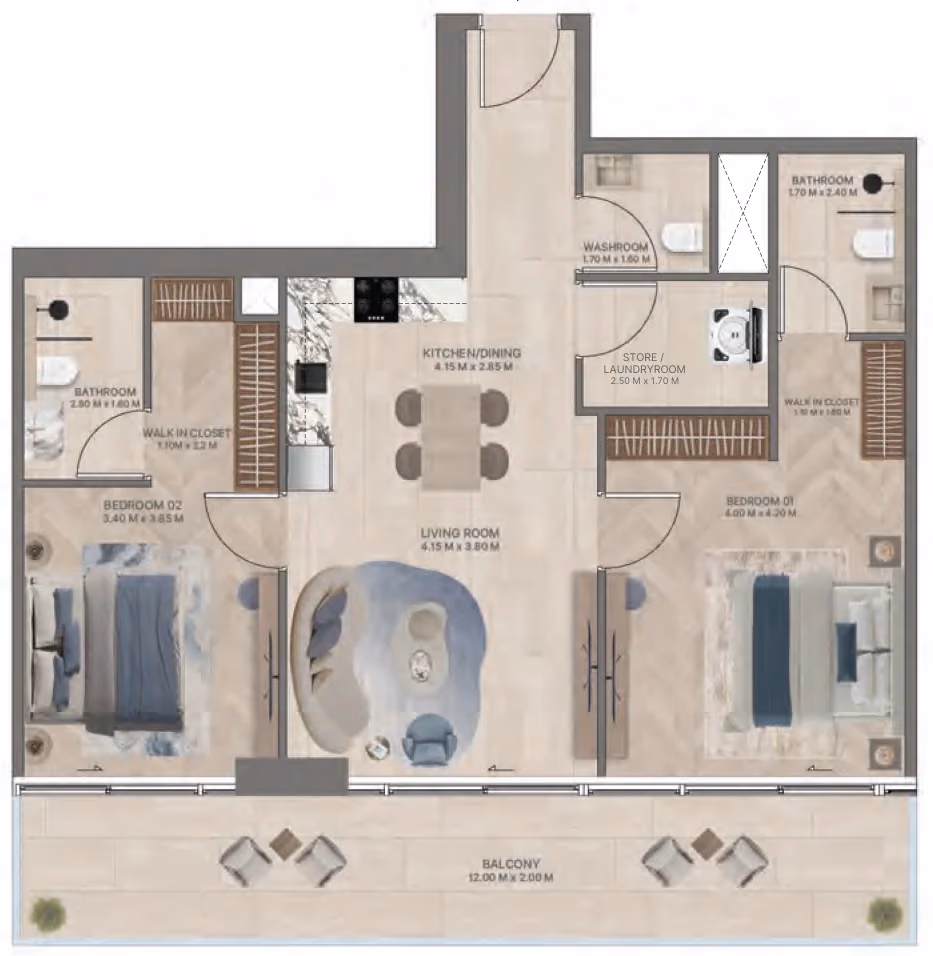 תוכנית 2 חדרי שינה · Type G1 ב־נדל"ן להשקעה Meriden Beach Residences, באזור Dubai Islands, דובאי