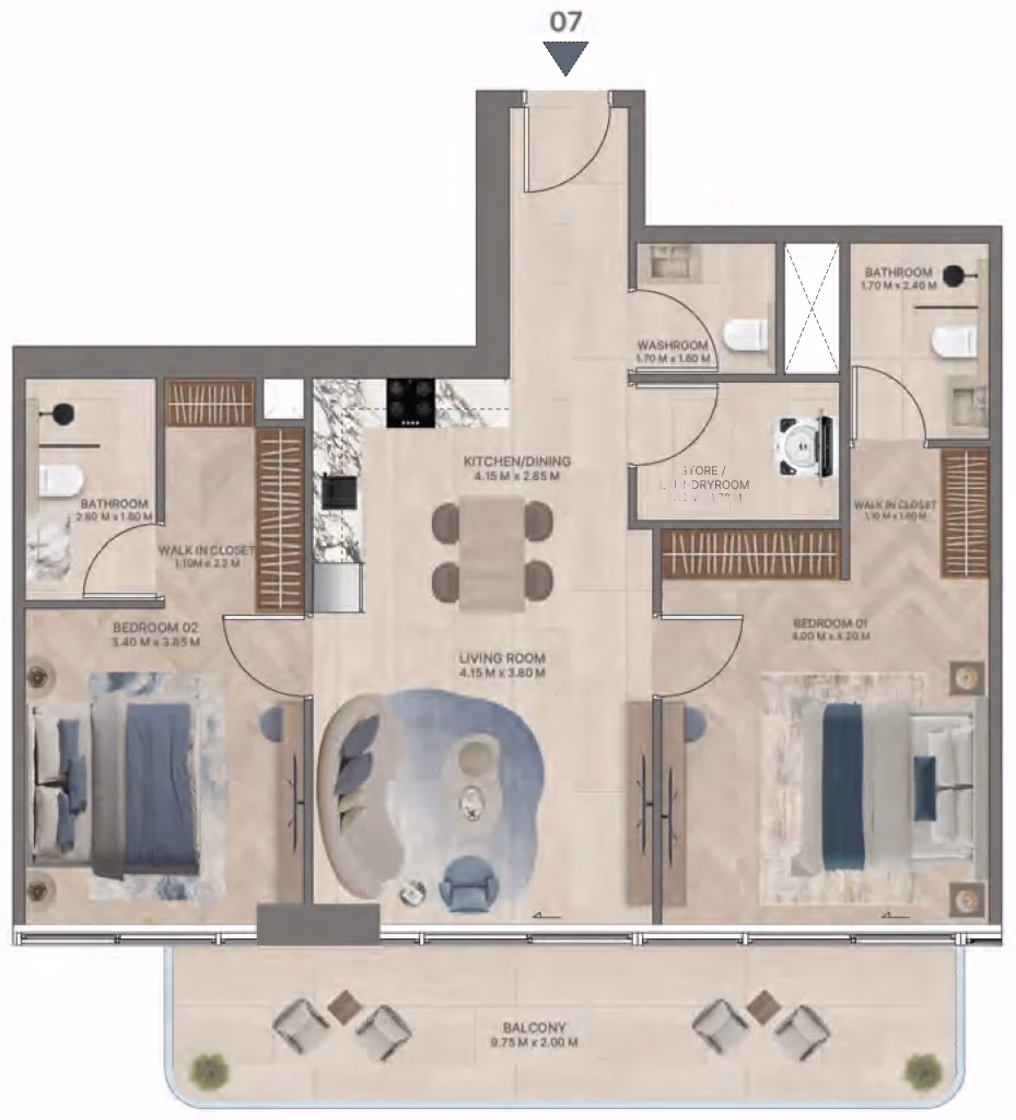 תוכנית 2 חדרי שינה · Type G2 ב־נדל"ן להשקעה Meriden Beach Residences, באזור Dubai Islands, דובאי