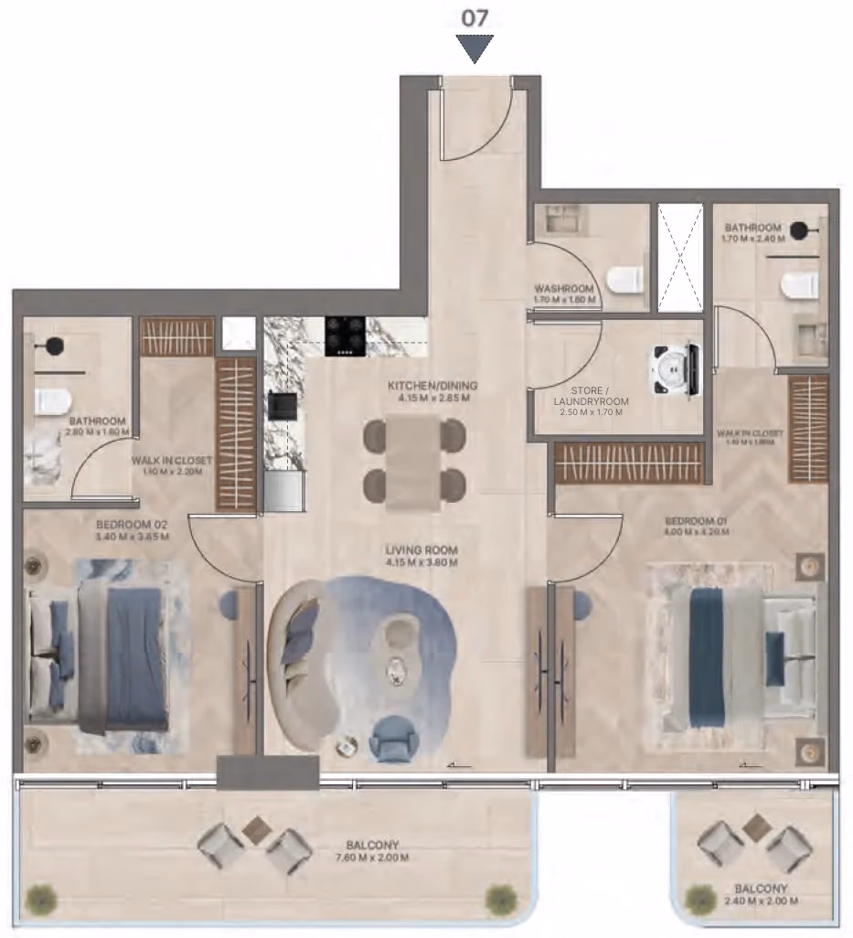 תוכנית 2 חדרי שינה · Type G3 ב־נדל"ן להשקעה Meriden Beach Residences, באזור Dubai Islands, דובאי