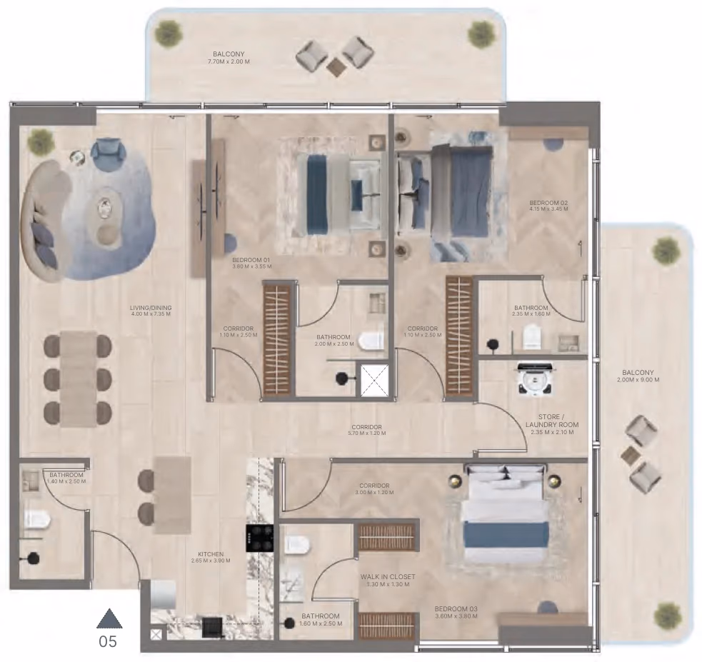 תוכנית 3 חדרי שינה · Type A1 ב־נדל"ן להשקעה Meriden Beach Residences, באזור Dubai Islands, דובאי