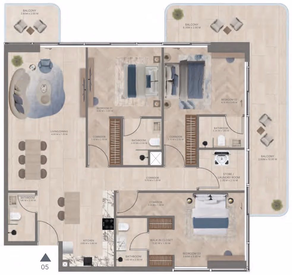 תוכנית 3 חדרי שינה · Type A2 ב־נדל"ן להשקעה Meriden Beach Residences, באזור Dubai Islands, דובאי