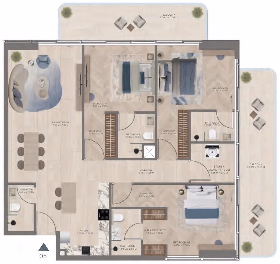תוכנית 3 חדרי שינה · Type A3 ב־נדל"ן להשקעה Meriden Beach Residences, באזור Dubai Islands, דובאי