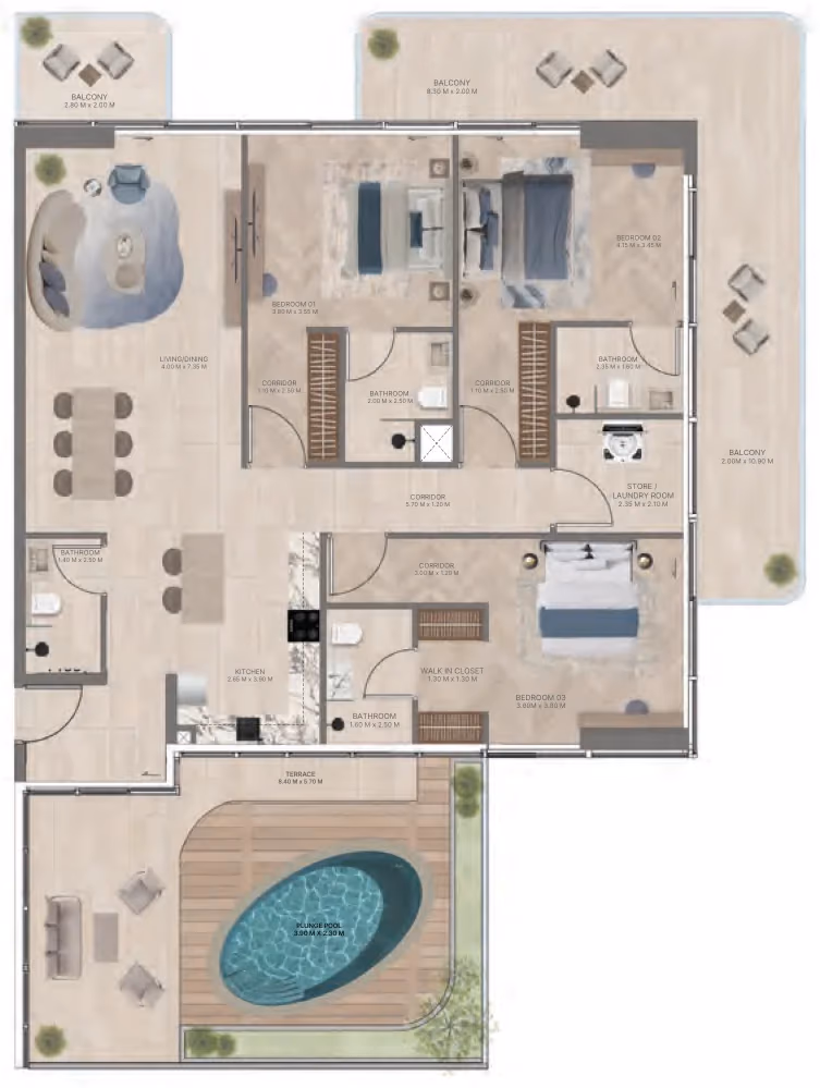 תוכנית 3 חדרי שינה · Type B1 ב־נדל"ן להשקעה Meriden Beach Residences, באזור Dubai Islands, דובאי