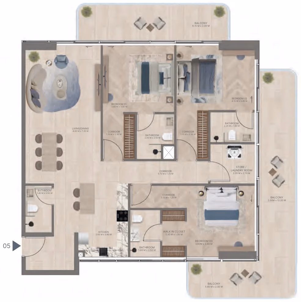 תוכנית 3 חדרי שינה · Type B2 ב־נדל"ן להשקעה Meriden Beach Residences, באזור Dubai Islands, דובאי