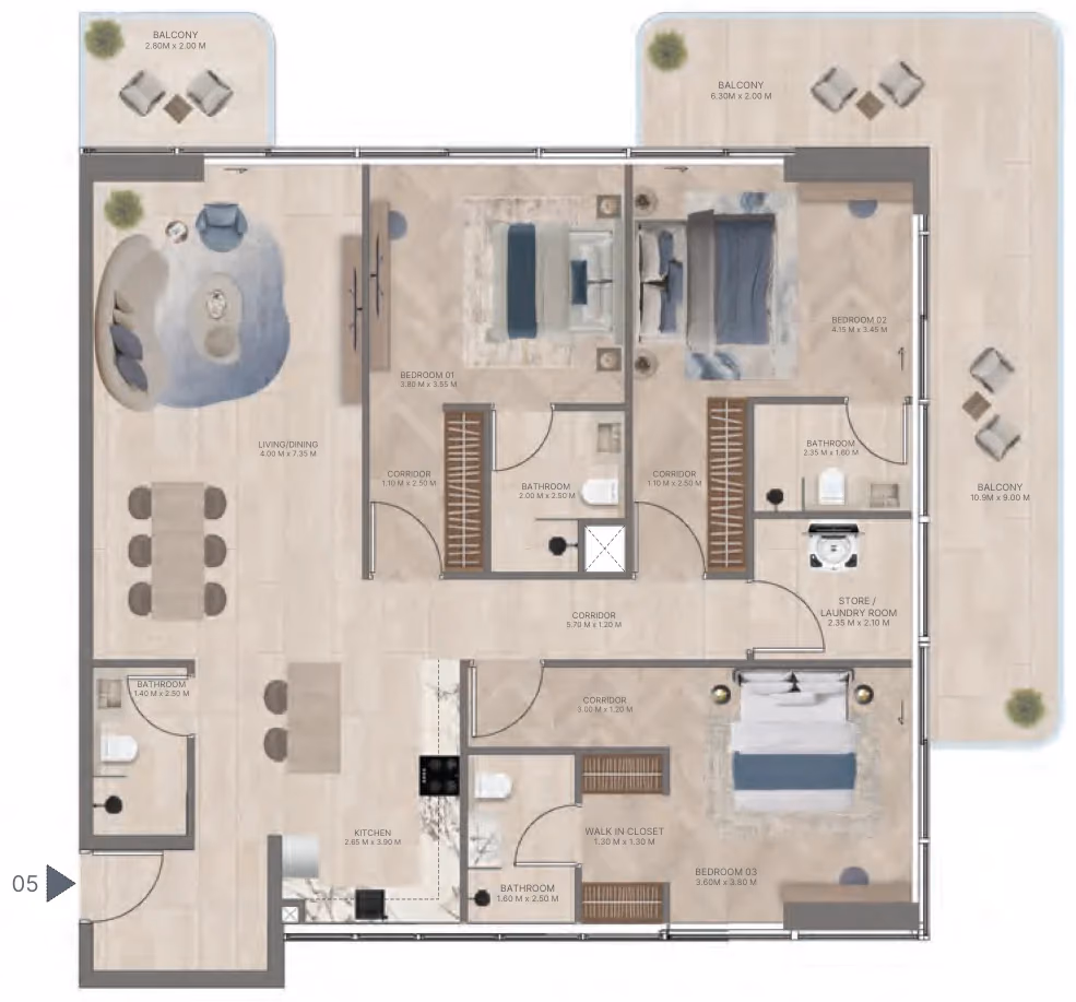 תוכנית 3 חדרי שינה · Type B3 ב־נדל"ן להשקעה Meriden Beach Residences, באזור Dubai Islands, דובאי