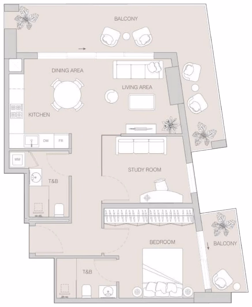 תוכנית חדר שינה אחד · One Bedroom Pro Type A ב־Object1 W1NNER Tower, JVT דובאי