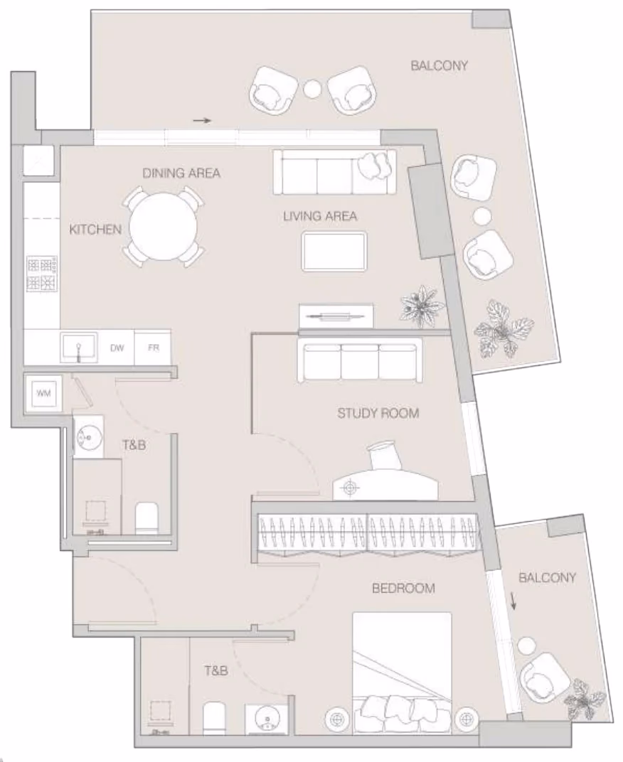 תוכנית חדר שינה אחד · One Bedroom Pro Type B ב־Object1 W1NNER Tower, JVT דובאי