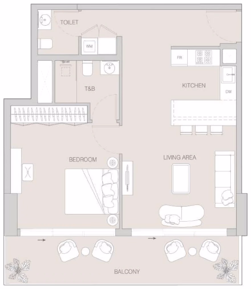 תוכנית חדר שינה אחד · 1 BR Type E ב־Object1 W1NNER Tower, JVT דובאי