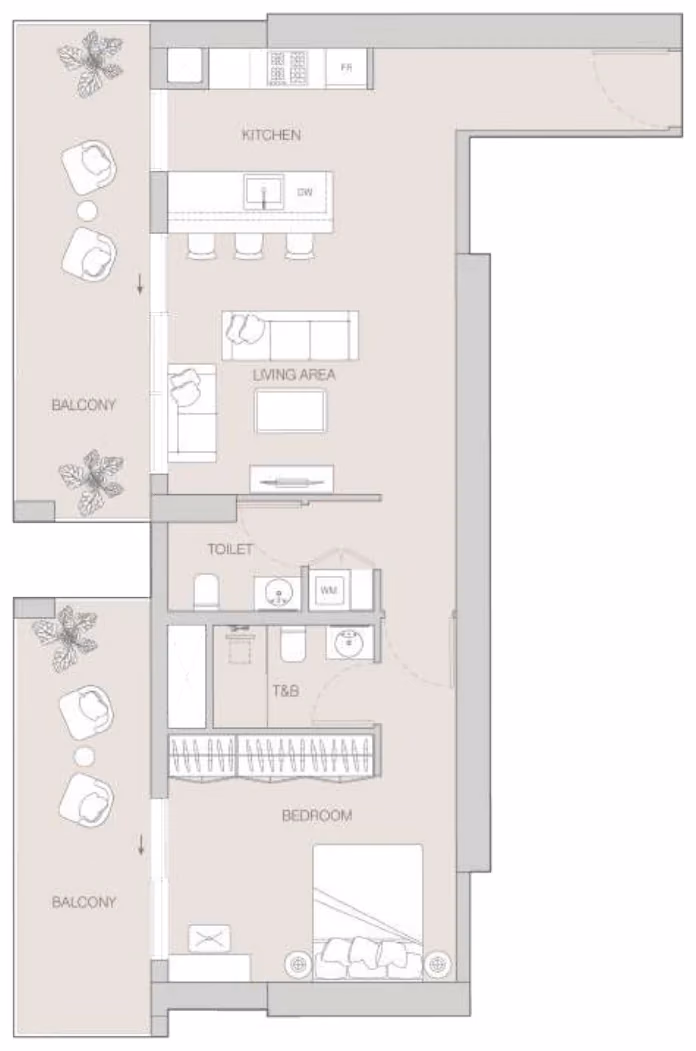 תוכנית חדר שינה אחד · 1 BR Type F ב־Object1 W1NNER Tower, JVT דובאי