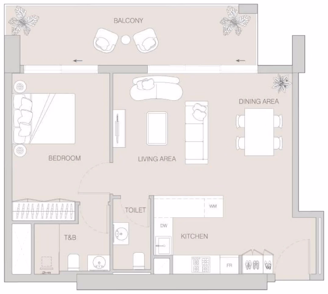 תוכנית חדר שינה אחד · 1 BR Type G ב־Object1 W1NNER Tower, JVT דובאי