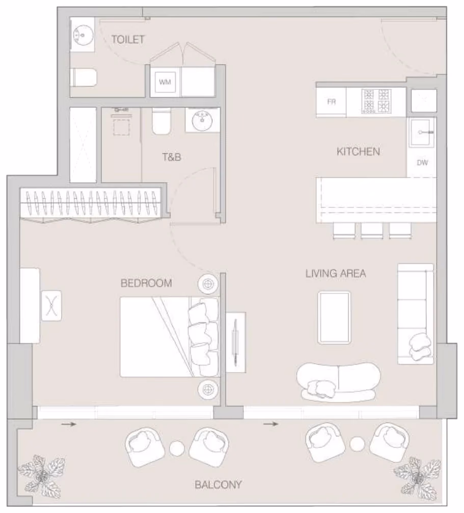 תוכנית חדר שינה אחד · 1 BR Type J ב־Object1 W1NNER Tower, JVT דובאי