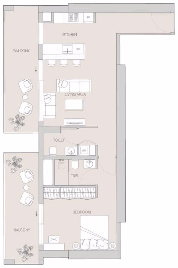 תוכנית חדר שינה אחד · 1 BR Type K ב־Object1 W1NNER Tower, JVT דובאי