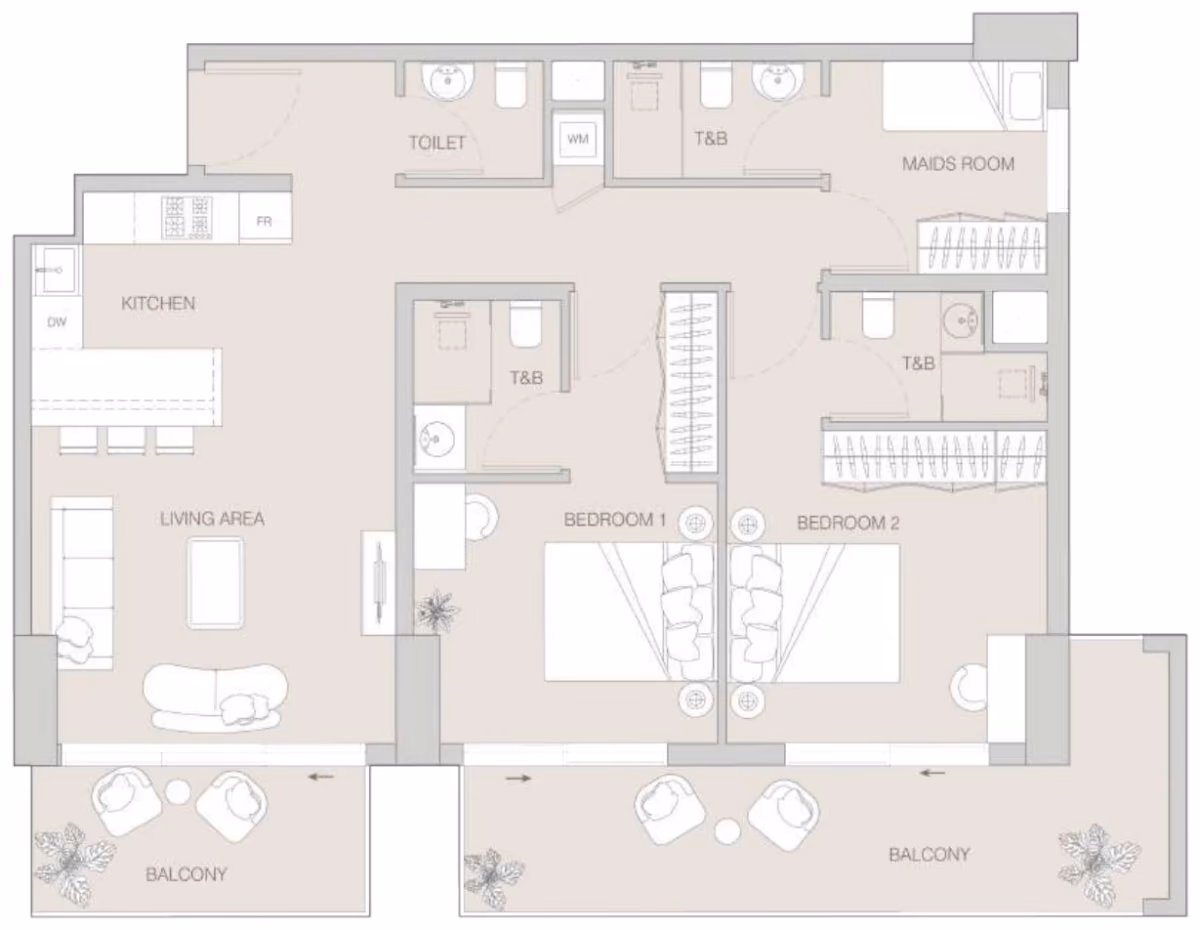 תוכנית 2 חדרי שינה · 2 BR Type B ב־Object1 W1NNER Tower, JVT דובאי