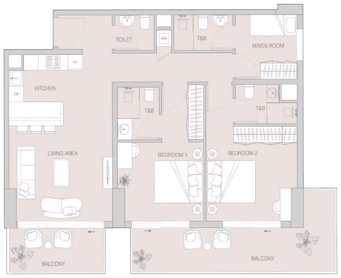 תוכנית 2 חדרי שינה · 2 BR Type C ב־Object1 W1NNER Tower, JVT דובאי