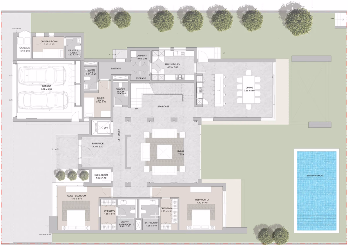תוכנית 5 חדרי שינה · וילה · 5A ב־נדל"ן להשקעה Sobha Coral Beach Villas, באזור Siniya Island, אום אל קוואיין (קומת קרקע)