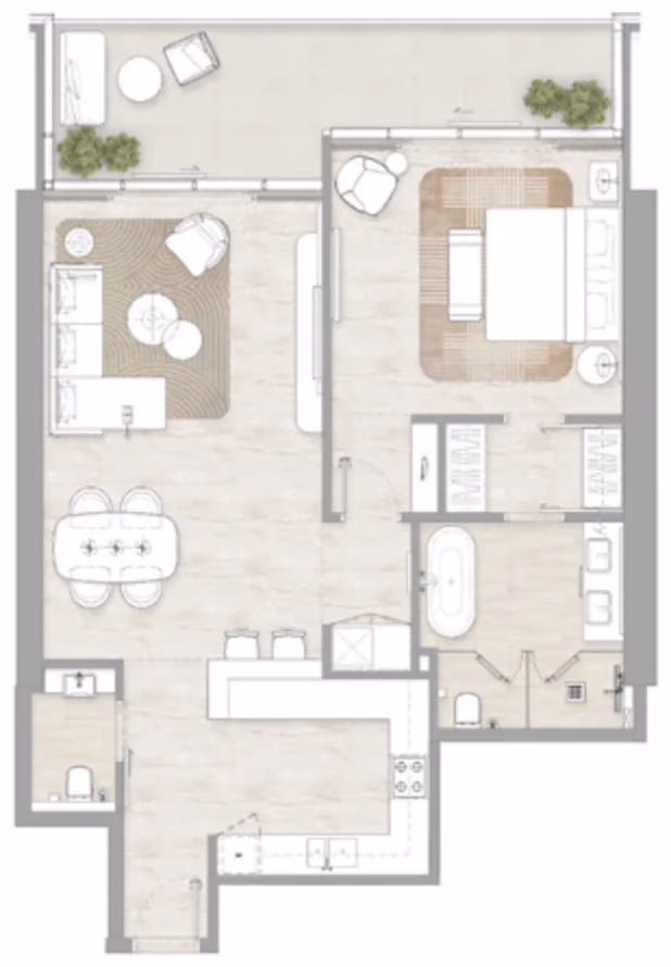תוכנית חדר שינה אחד · Type 1 ב־דירות להשקעה Kempinski Marina Residences בדובאי מרינה