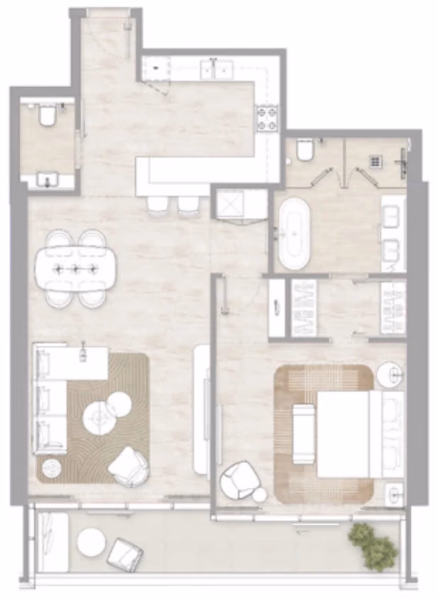 תוכנית חדר שינה אחד · Type 1A ב־דירות להשקעה Kempinski Marina Residences בדובאי מרינה