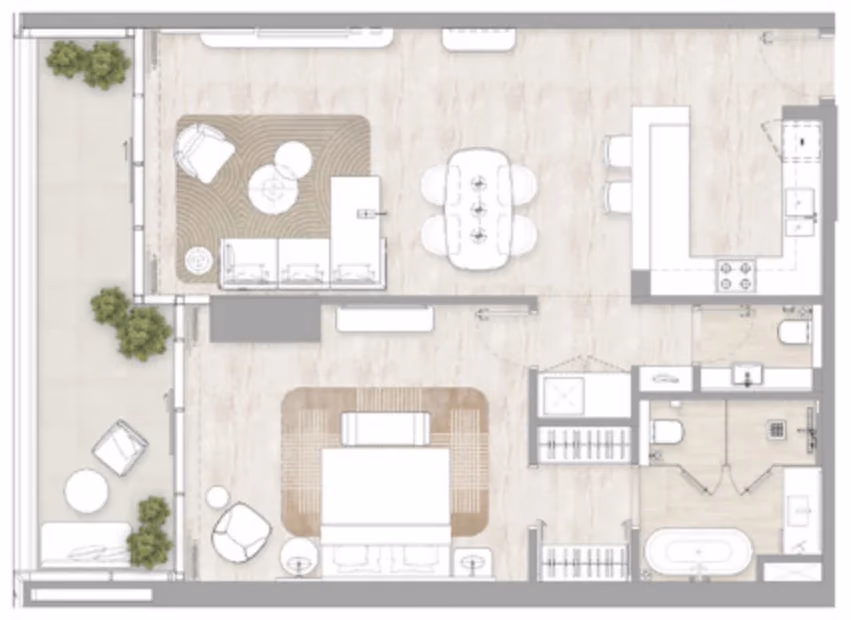 תוכנית חדר שינה אחד · Type 2 ב־דירות להשקעה Kempinski Marina Residences בדובאי מרינה