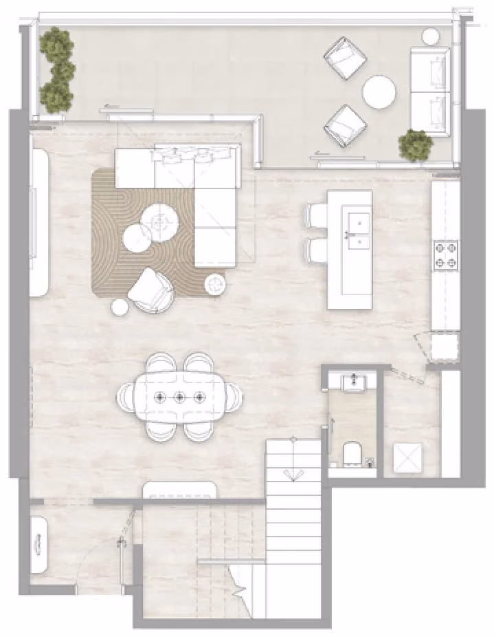 תוכנית 2 חדרי שינה · דופלקס · Duplex Type 1 ב־דירות להשקעה Kempinski Marina Residences בדובאי מרינה (קומה תחתונה)