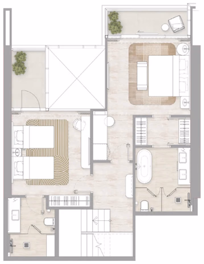 תוכנית 2 חדרי שינה · דופלקס · Duplex Type 1 ב־דירות להשקעה Kempinski Marina Residences בדובאי מרינה (קומה עליונה)