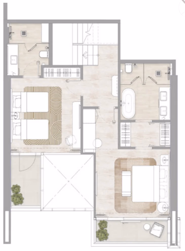 תוכנית 2 חדרי שינה · דופלקס · Duplex Type 1A ב־דירות להשקעה Kempinski Marina Residences בדובאי מרינה (קומה עליונה)