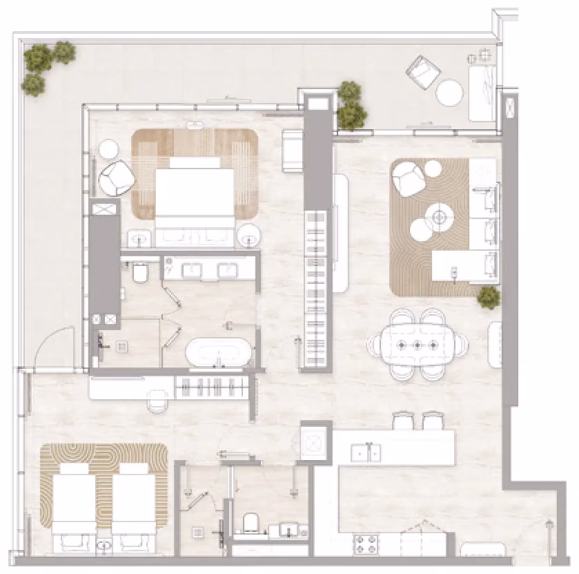 תוכנית 2 חדרי שינה · Type 1 ב־דירות להשקעה Kempinski Marina Residences בדובאי מרינה