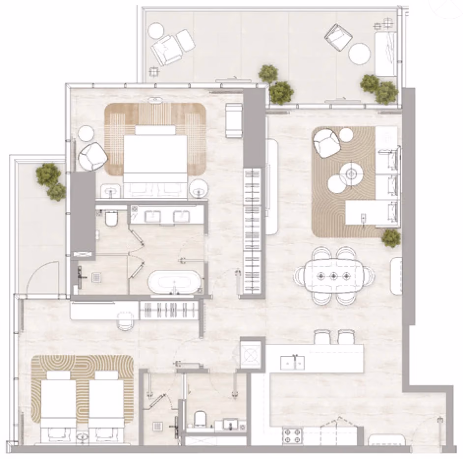 תוכנית 2 חדרי שינה · Type 1A ב־דירות להשקעה Kempinski Marina Residences בדובאי מרינה