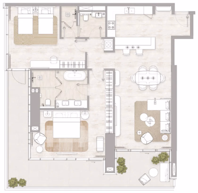 תוכנית 2 חדרי שינה · Type 2 ב־דירות להשקעה Kempinski Marina Residences בדובאי מרינה