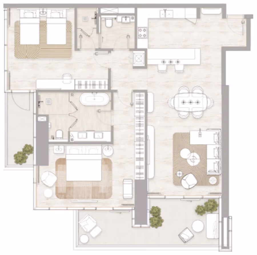 תוכנית 2 חדרי שינה · Type 2A ב־דירות להשקעה Kempinski Marina Residences בדובאי מרינה