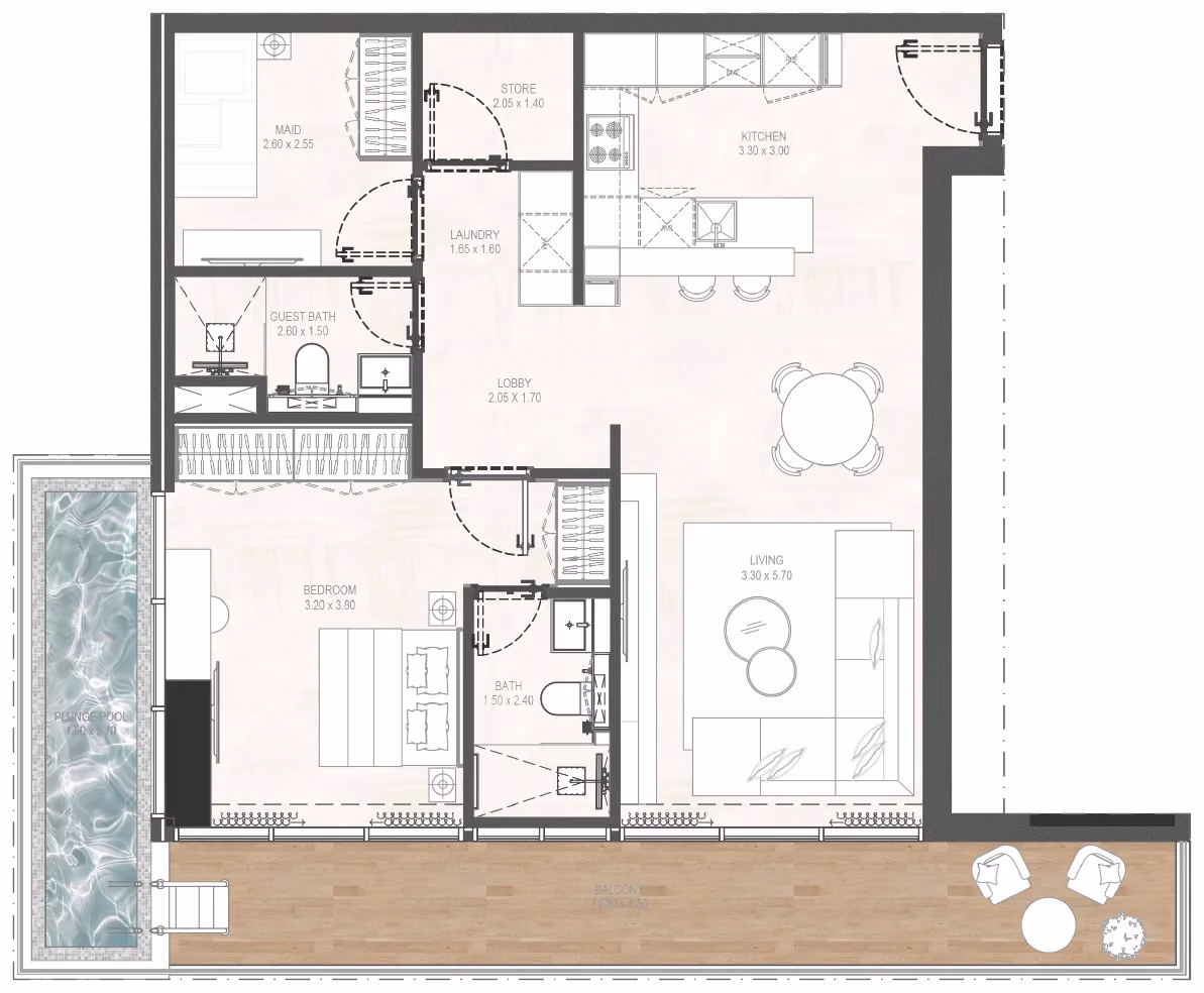 תוכנית חדר שינה אחד · 1BHK Type 01 ב־נדל"ן להשקעה Gharbi 2 Residences, באזור JVC, דובאי