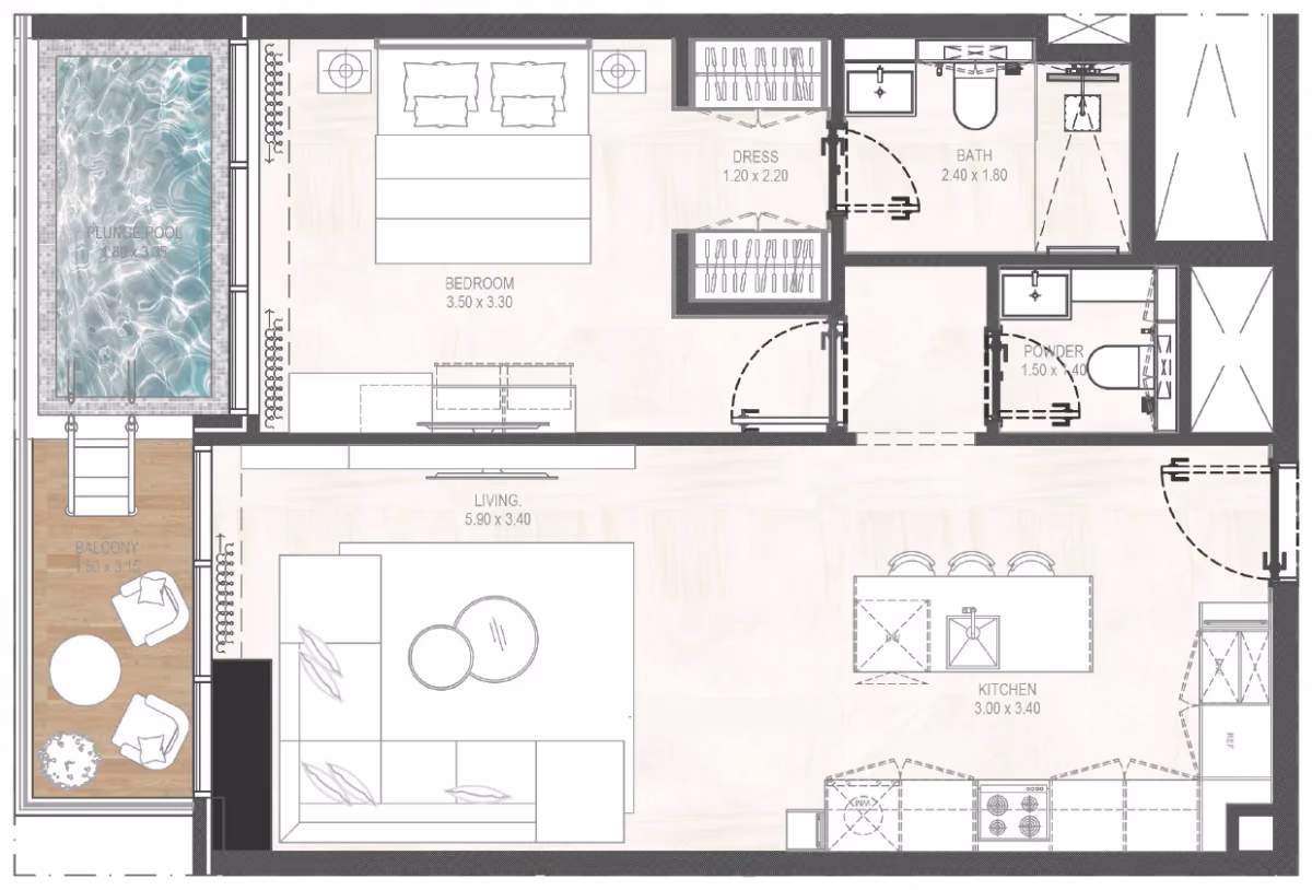 תוכנית חדר שינה אחד · 1BHK Type 02 ב־נדל"ן להשקעה Gharbi 2 Residences, באזור JVC, דובאי