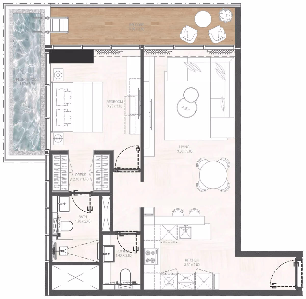תוכנית חדר שינה אחד · 1BHK Type 03 ב־נדל"ן להשקעה Gharbi 2 Residences, באזור JVC, דובאי