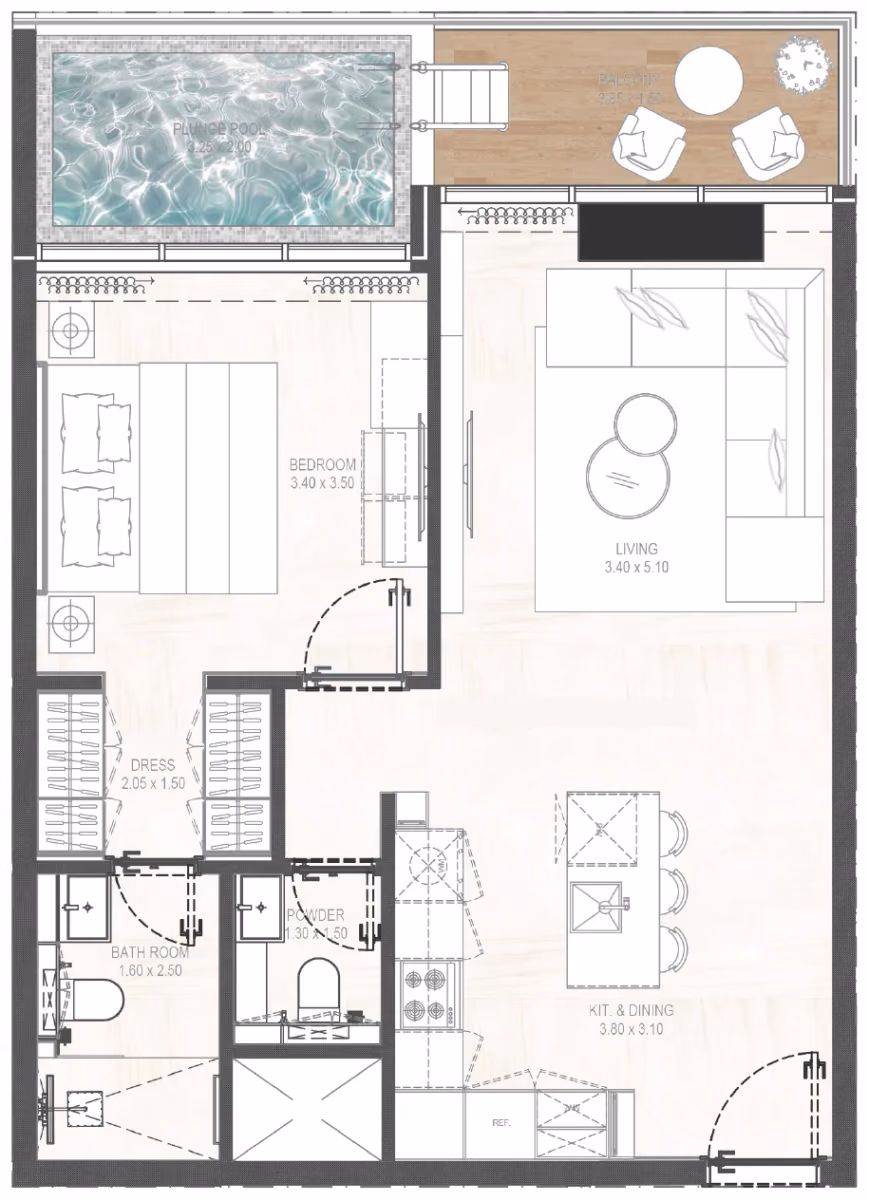 תוכנית חדר שינה אחד · 1BHK Type 04 ב־נדל"ן להשקעה Gharbi 2 Residences, באזור JVC, דובאי