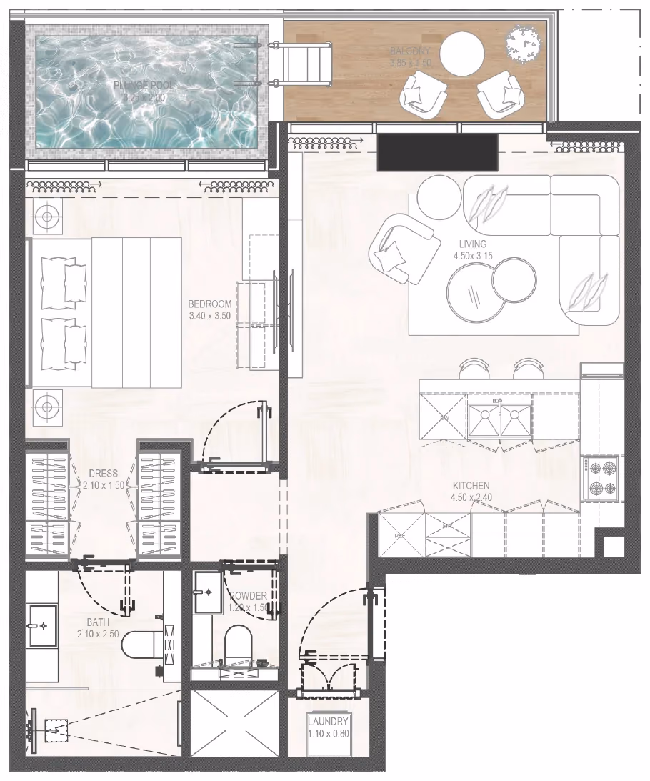 תוכנית חדר שינה אחד · 1BHK Type 05 ב־נדל"ן להשקעה Gharbi 2 Residences, באזור JVC, דובאי