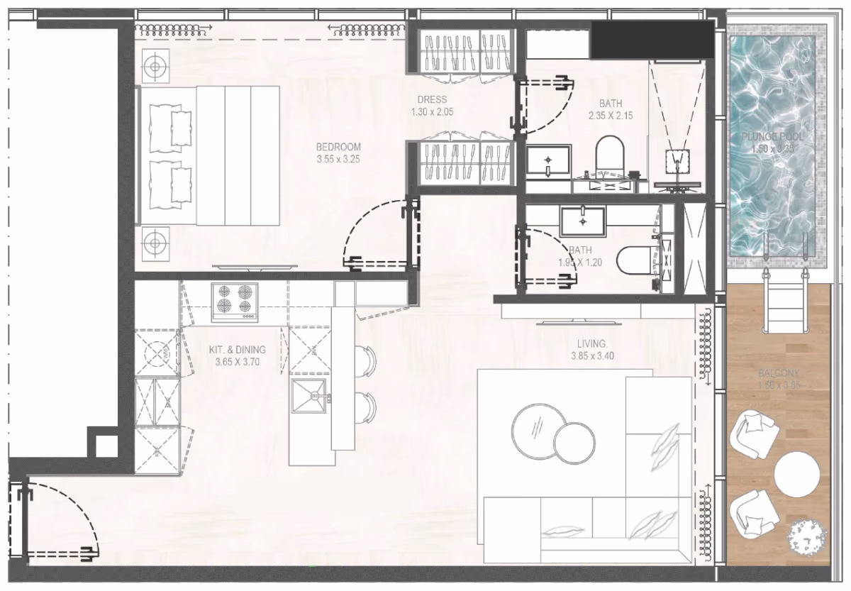 תוכנית חדר שינה אחד · 1BHK Type 06 ב־נדל"ן להשקעה Gharbi 2 Residences, באזור JVC, דובאי