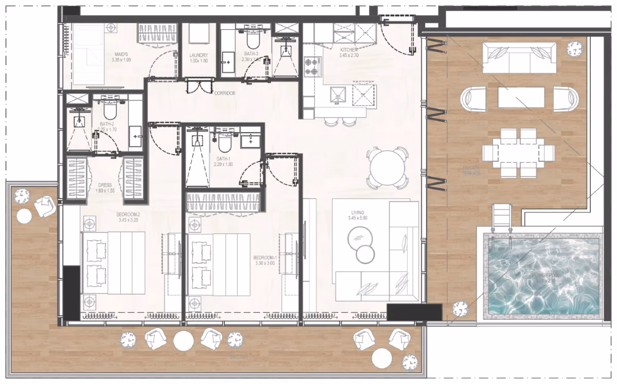 תוכנית 2 חדרי שינה · 2BHK Type 01 ב־נדל"ן להשקעה Gharbi 2 Residences, באזור JVC, דובאי